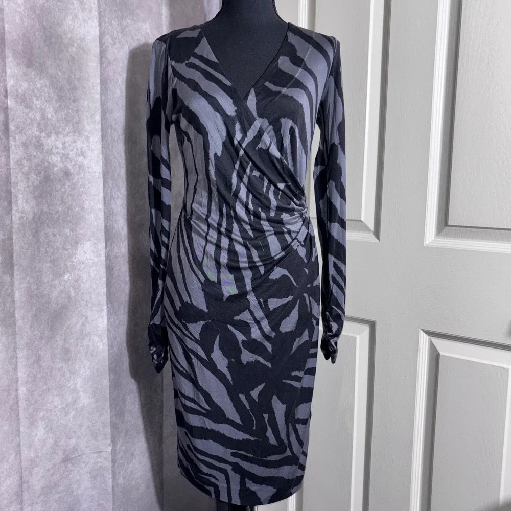 Tory Burch Sz Small 100% Silk Thamara Jersey Faux Wrap Dress Gray Black